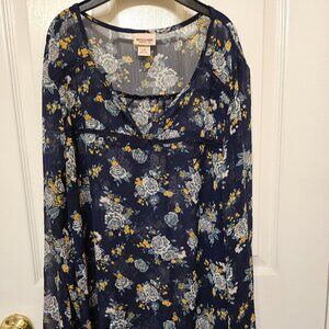 Mossimo Women’s Floral Tunic Top L Sheer Navy Blue Long Sleeve Boho Style